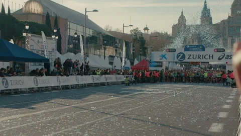 Group of runners compete in marathon or triathlon Stock Footage 170201422