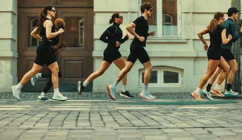 Group running through the city during a run club workout Stock-Fotos