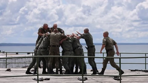 A group of Russian marines is preparing for demonstration performances on the Stock Footage 202071904