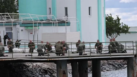 A group of Russian marines is preparing for demonstration performances on the Stock Footage 202912516