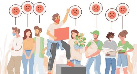 Group of sad people vector flat illustration. Men and women holding bags, plants Stock Illustration