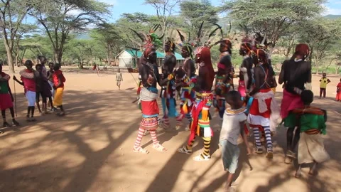 Group of Samburu tribe young men dancing Stock Footage 336754572