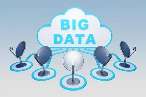 Group of satellite dishes connected to cloud database Stock Illustration