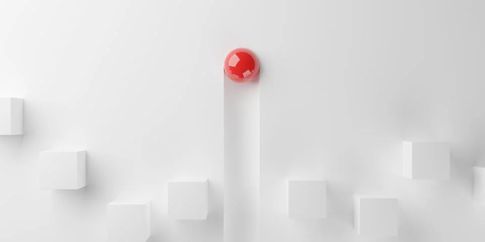 Group of sattered white boxes with one red sphere or ball leading on white .. Stock Illustration