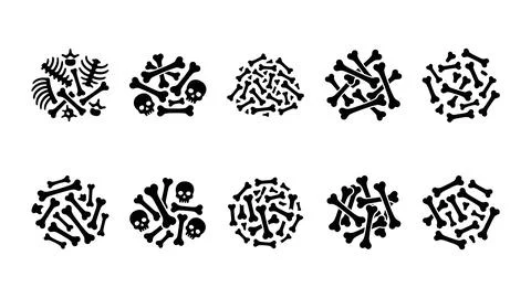 Group of scattered skull and bone icons in black vector graphics for hallowee Stock Illustration