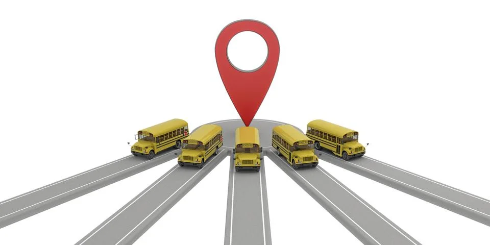 Group of school buses at one map point Stock Illustration