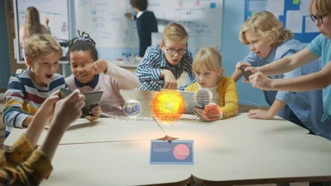 Group of School Children in Science Class Use Digital Tablet Computers with AR Stock Footage 122425225