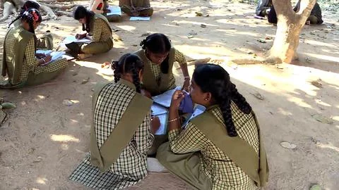 A group of school children studing under a tree shade in a local village school Stock Photos
