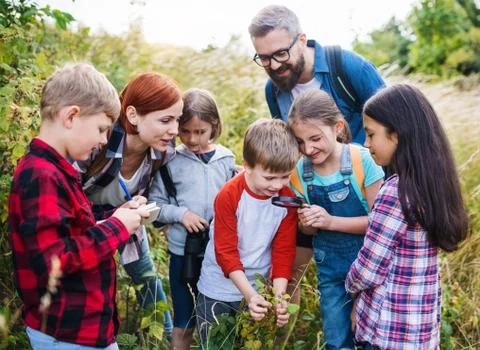 Group of school children with teacher on field trip in nature, learning science. Stock Photos