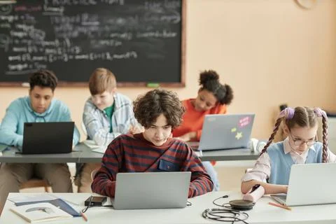 Group of school children using laptops in class 写真素材