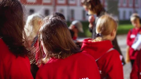 Group of school pupils and students on outdoor excursion tour, school field trip 動画素材 320833214