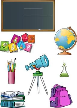 Group of school subjects and attributes of the classroom Stock Illustration