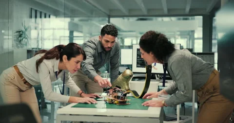 Group, science and design in lab for prosthetic leg, blade and futuristic with Stock Footage 283590903