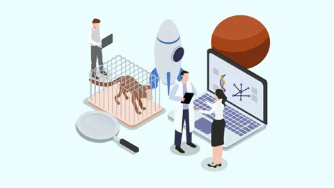 Group of scientists doing experiment with monkey Stock Footage 164383260