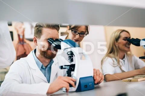 Group of scientists doing research looking through microscope Stock Photos
