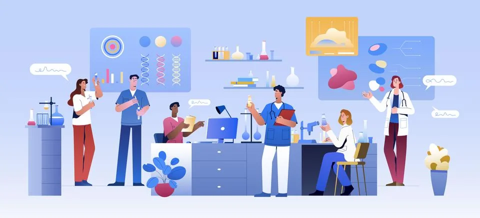 Group of scientists in lab room interior conduct pharmaceutical science Stock Illustration