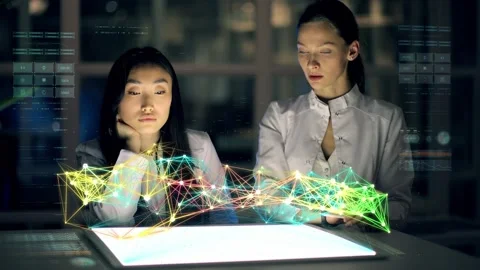 A group of scientists performs calculations using holographic projection. The Stock Footage 148350741