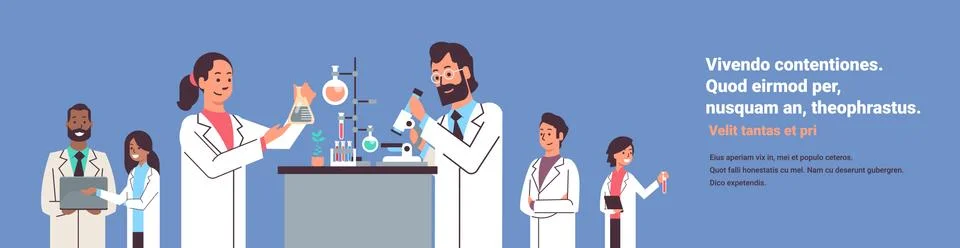 Group scientists working with microscope in laboratory doing research man woman Stock Illustration