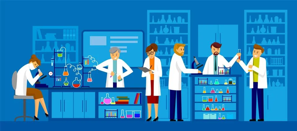 Group of scientists working at science lab Illustrazione stock