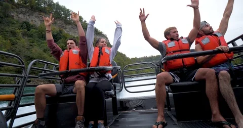 Group Screaming on Niagara Falls Speed Boat, Extreme Friends Excursion Stock Footage 102444825