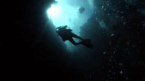 Group of scuba divers descending on deep water wall and cavern tunnel in Palau Video stock 38337797
