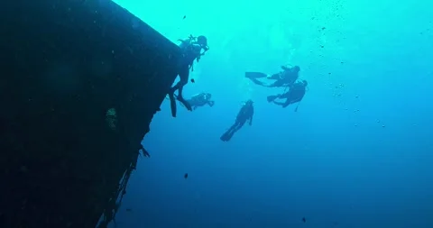 Group of scuba divers explores a massive shipwreck in deep blue water Stock Footage 327364708