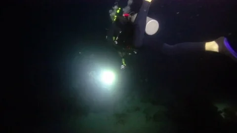 Group of scuba divers exploring deep dark ocean with flashlights Stock Footage 80437928