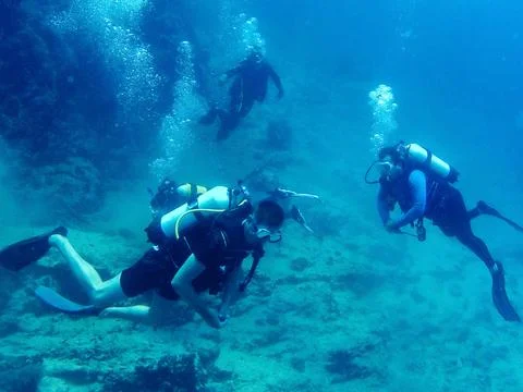 Group of Scuba Divers Exploring Underwater in Loutraki, Greece. Stock Photos