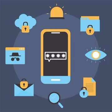 Group of security icons on a dark blue background Stock Illustration