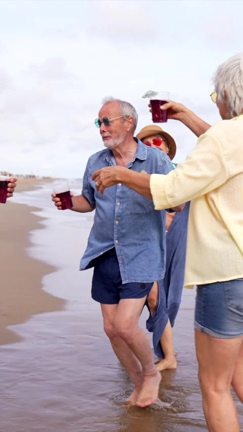 Group of senior friends dancing and drinking on the beach Stock Footage 335694731