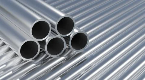 Group, set of simple new high quality shiny stainless steel metal pipes Stock Photos