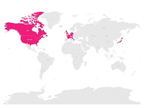 Group of Seven countries, G7, highlighted in the World map. Vector illustration Stock Illustration