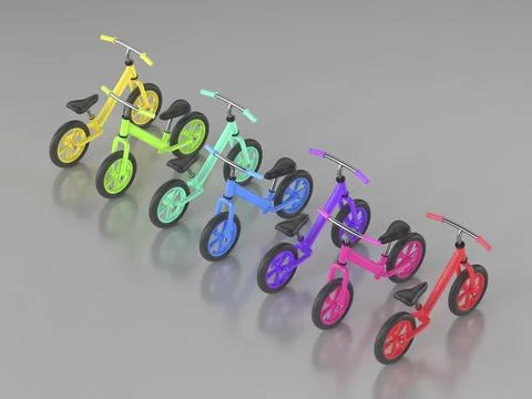 Group of seven different balance bikes Stock Illustration