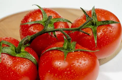 A group of several red tomatoes with moisture drops on a wooden cutting board Stock Photos
