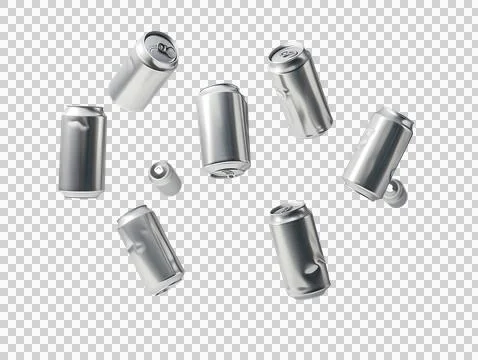A group of silver aluminum cans isolated on a white background, perfect for p Stock Illustration