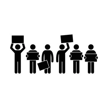 A group of simple black stick figure people are shown in a line holding up .. Stock Illustration