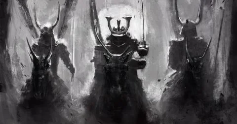 A group of sinister samurai with weapons at the ready rushes into battle agai Illustration