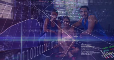 Group sitting on exercise mat streaming binary code sweeping around trio, Stock Footage 314533144