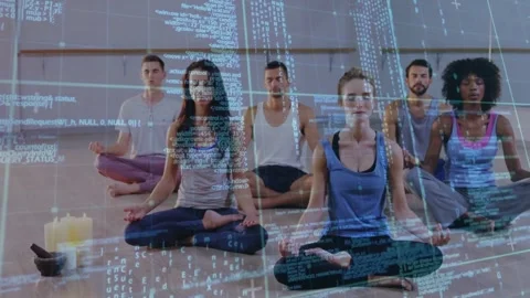 Group sitting in yoga, frames moving code overlay drifting over group, candles, Stock Footage 334036601