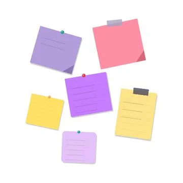 Group of six assorted colored sticky notes with tape and pushpins on white .. Stockillustratie