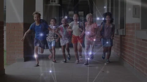 Group of six children running down school corridor, heading to class and causing Stock Footage 332281626