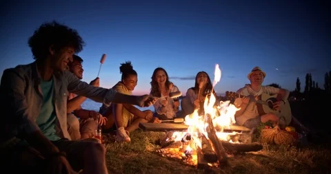 Group of six old multi-ethnic friends sitting near bonfire, roasting sausages Stock Footage 96448654
