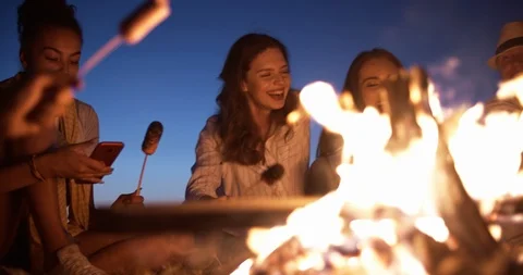 Group of six old multi-ethnic friends sitting near bonfire, roasting sausages Stock Footage 96450207