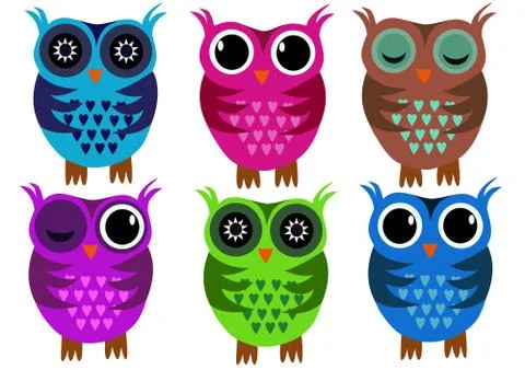 Group of six Owels differant color sleep Stock Illustration
