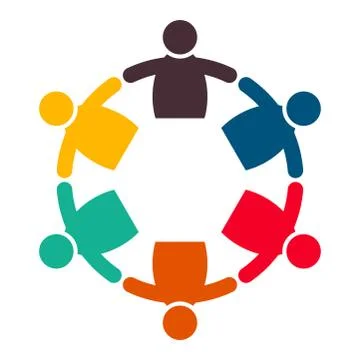 Group of six persons in circle. holding hands.The summit workers are meeting  Stock Illustration