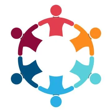 Group of six persons in circle. holding hands.The summit workers are meeting  Stock Illustration