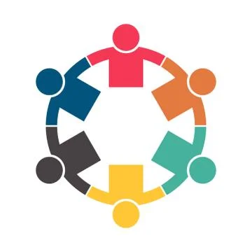 Group of six persons in circle. holding hands.The summit workers are meeting  Stock Illustration