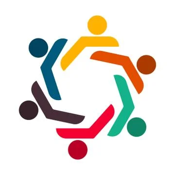 Group of six persons in circle. holding hands.The summit workers are meeting  Illustrazione stock