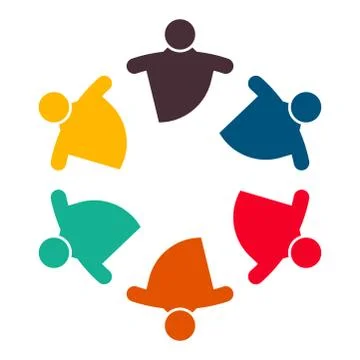 Group of six persons in circle. holding hands.The summit workers are meeting  Stock Illustration