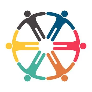 Group of six persons in circle. holding hands.The summit workers are meeting  Stock Illustration